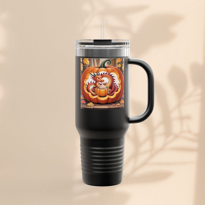 Sea Dragon Dreams 40oz black stainless steel travel mug with a dragon inside a pumpkin Halloween graphic and straw
