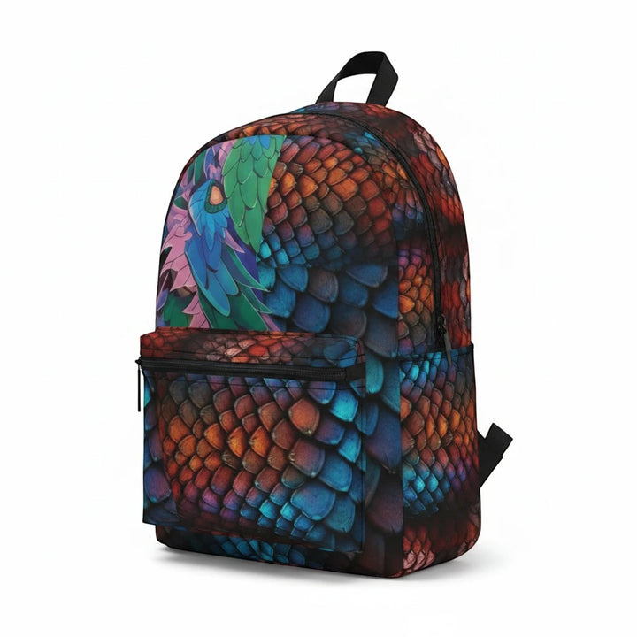 Sea Dragon Dreams backpack featuring a vibrant dragon eye graphic and iridescent, multi-colored dragon scale texture.