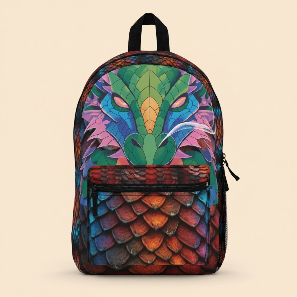 Sea Dragon Dreams backpack featuring a vibrant dragon eye graphic and textured dragon scale print in multi-colored hues.