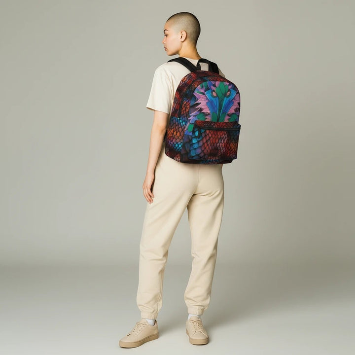 Model wearing a Sea Dragon Dreams backpack with a vibrant dragon eye graphic and textured scale print.