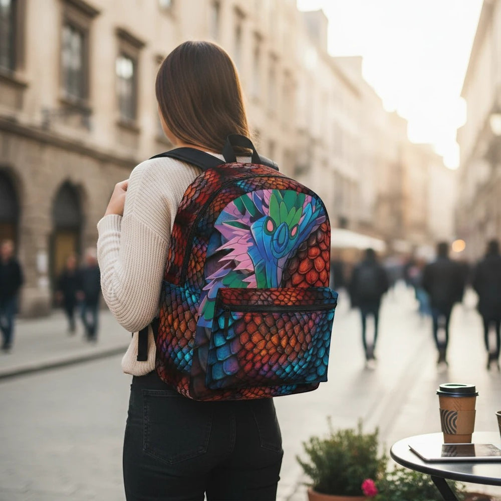 Sea Dragon Dreams backpack with a vivid dragon eye graphic and textured scales worn by a woman on a city street.