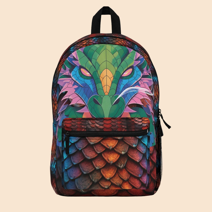 Sea Dragon Dreams backpack featuring a vibrant dragon eye graphic and textured dragon scale print in multi-color.