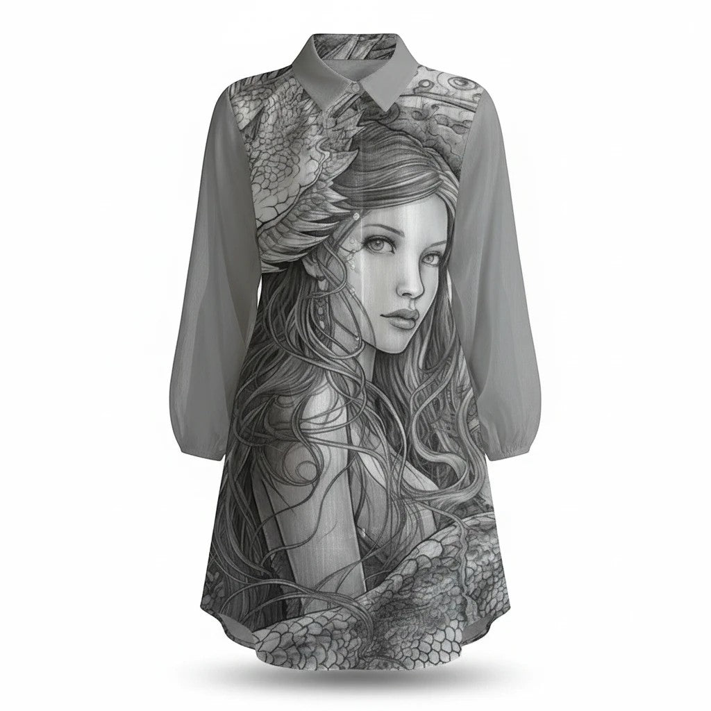Sea Dragon Dreams long-sleeve shirt dress featuring a detailed grey dragon and woman illustration on soft polyester