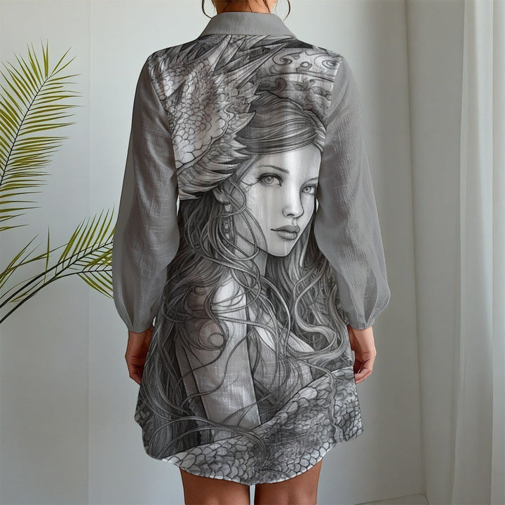 Sea Dragon Dreams long-sleeve shirt dress featuring a detailed grey dragon and woman illustration on the back