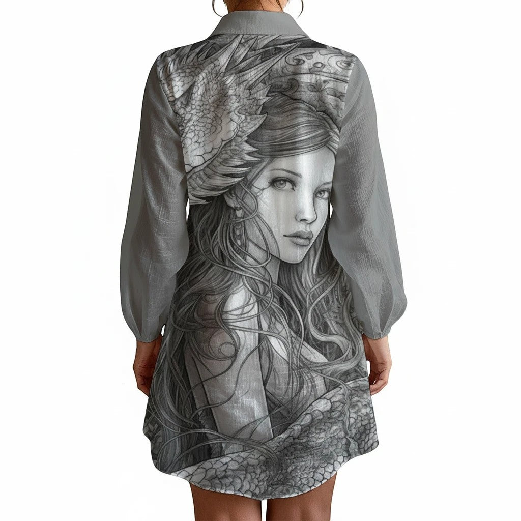 Sea Dragon Dreams long-sleeve shirt dress featuring a detailed monochrome dragon and woman illustration on the back
