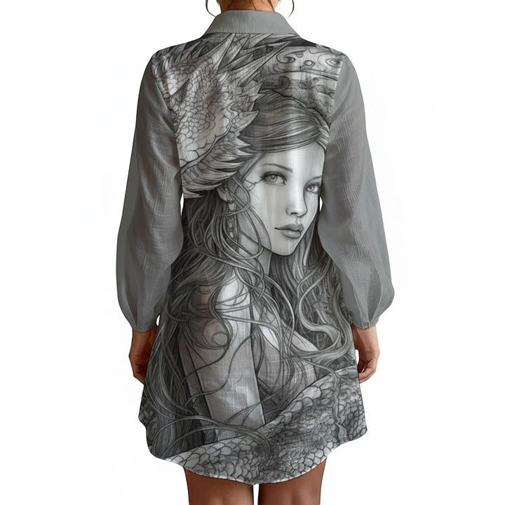 Sea Dragon Dreams long-sleeve shirt dress featuring a detailed monochrome dragon and woman illustration on the back