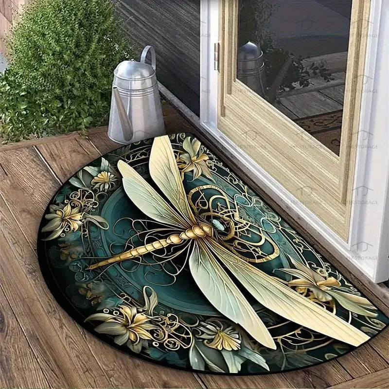 Sea Dragon Dreams half-circle doormat featuring a detailed dragonfly and floral design in teal and gold tones.