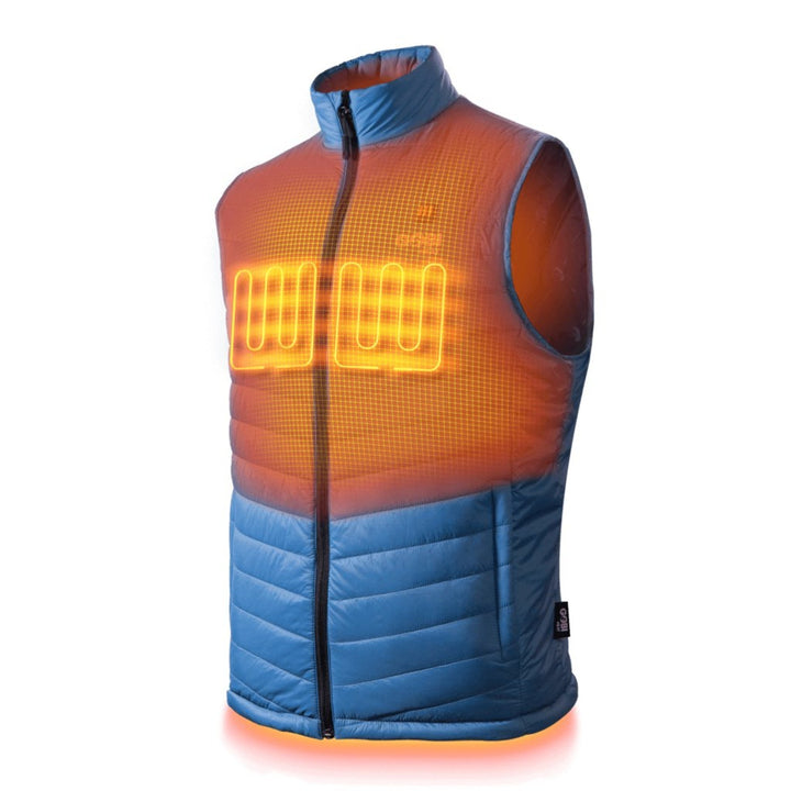 Sea Dragon Dreams Dune men's blue heated vest with visible orange glowing heating elements on the chest