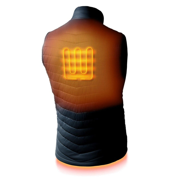 Sea Dragon Dreams Dune men's heated vest showing back heating elements glowing orange on a dark nylon quilted fabric.