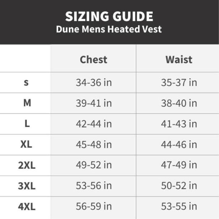 Sea Dragon Dreams Dune Men’s Heated Vest sizing guide chart showing chest and waist measurements for sizes S to 4XL.