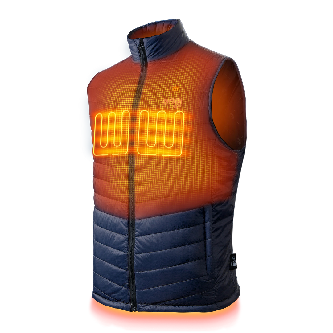 Sea Dragon Dreams Dune men's heated vest in navy nylon with glowing orange electric heating elements on the chest.