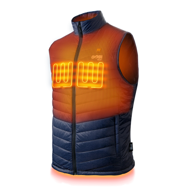 Sea Dragon Dreams Dune men's heated vest in navy nylon with glowing orange electric heating elements on the chest.