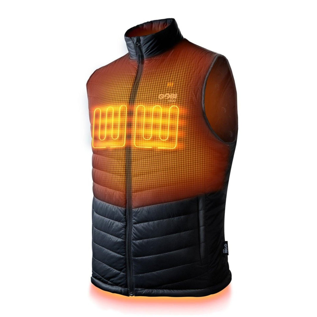 Sea Dragon Dreams Dune men's heated vest in black nylon with glowing orange conductive heating elements on the chest.