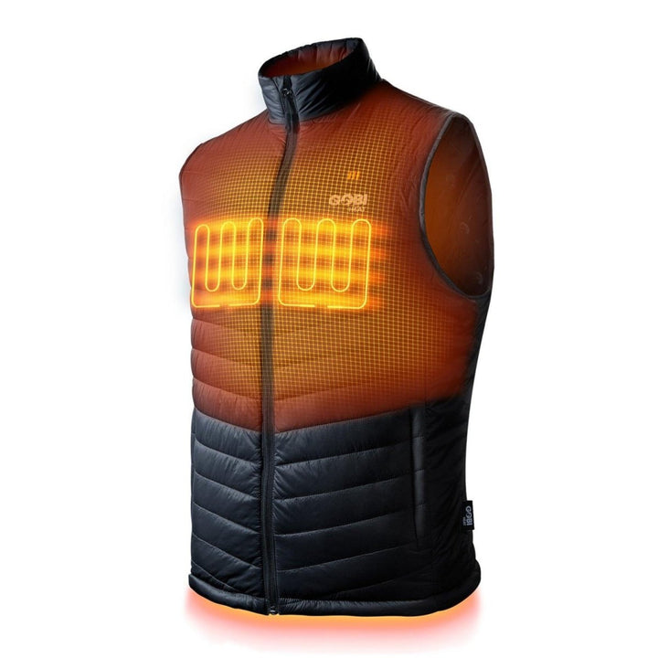 Sea Dragon Dreams Dune men's heated vest in black nylon with glowing orange conductive heating elements on the chest.