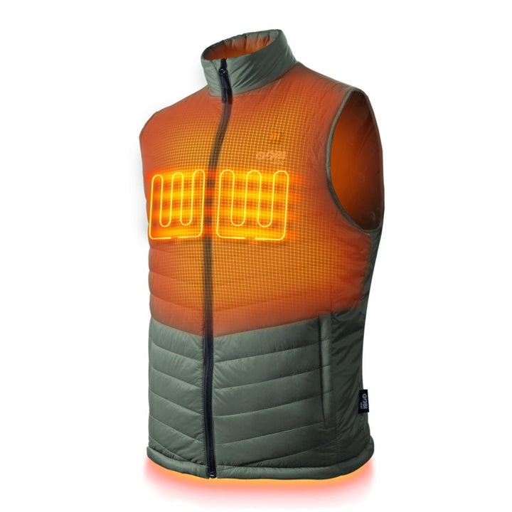 Sea Dragon Dreams Dune men's heated vest in moss green nylon with glowing orange heating elements on the chest.