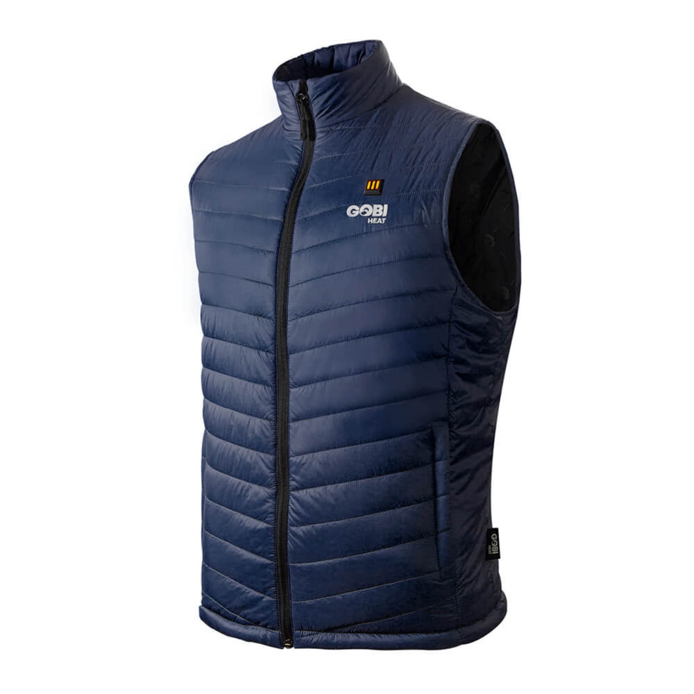 Sea Dragon Dreams Dune men's navy blue heated vest made of lightweight nylon with a front zipper and heat control.