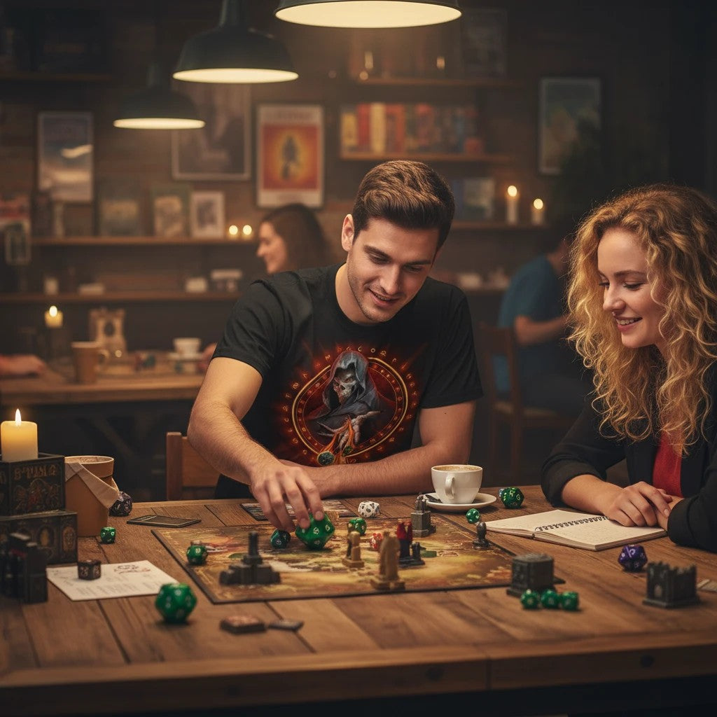 Sea Dragon Dreams black cotton t-shirt with Dungeon Master graphic worn by a man playing a tabletop RPG game.