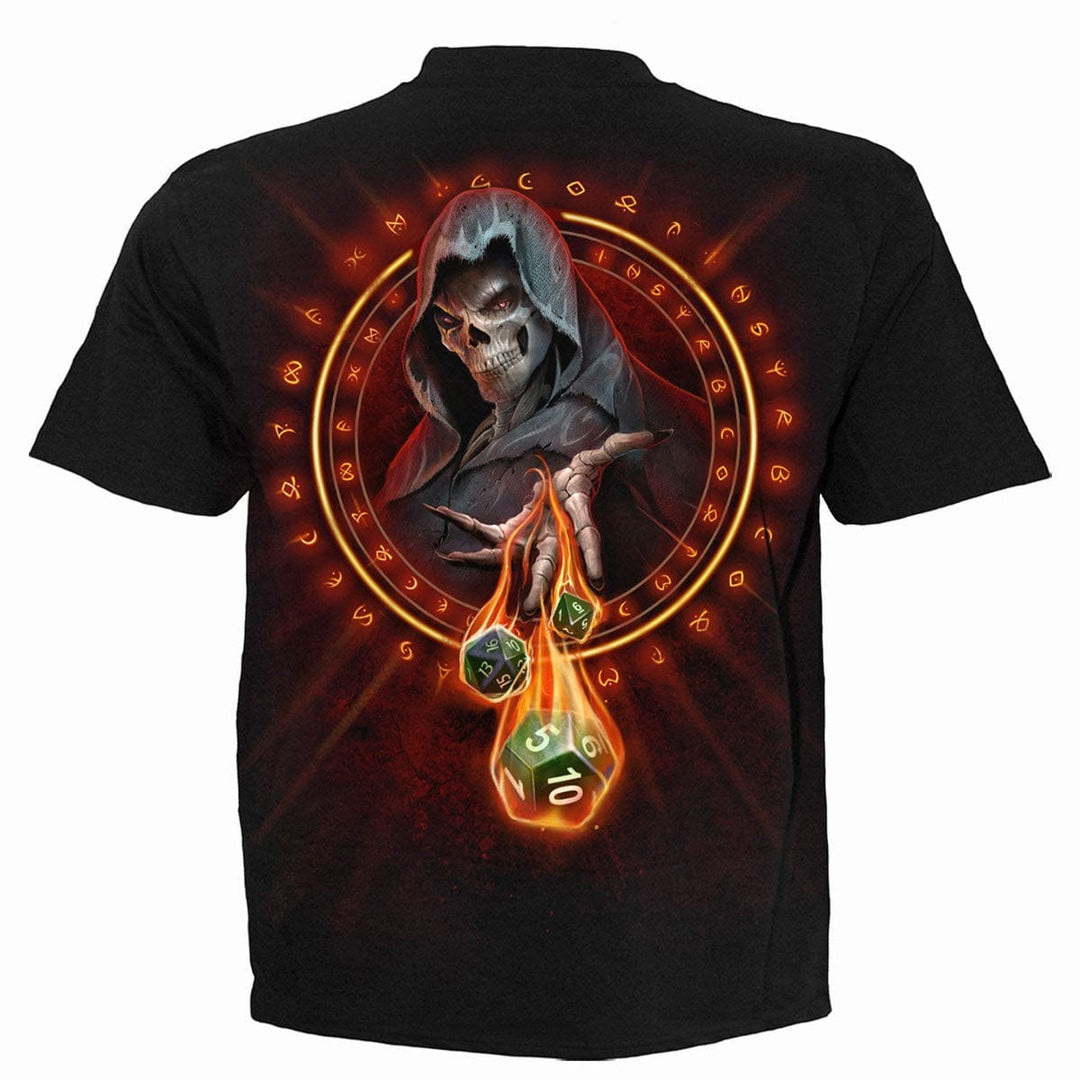 Sea Dragon Dreams black cotton t-shirt featuring a hooded skeleton Dungeon Master casting flaming dice spells.