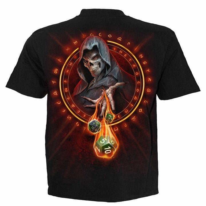 Sea Dragon Dreams black cotton t-shirt featuring a hooded skeleton Dungeon Master casting flaming dice spells.