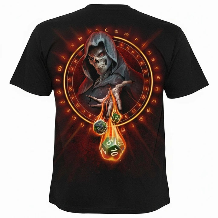 Sea Dragon Dreams black cotton t-shirt featuring a hooded skull Dungeon Master casting flaming polyhedral dice.
