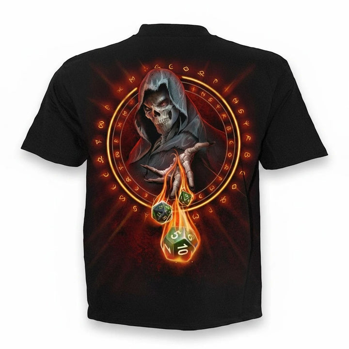 Sea Dragon Dreams black cotton t-shirt featuring a hooded skeleton Dungeon Master graphic with flaming RPG dice
