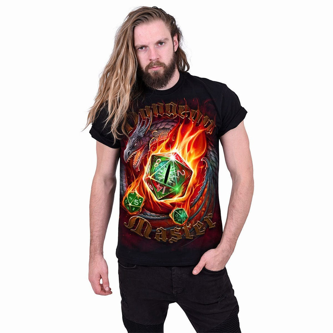 Sea Dragon Dreams black cotton t-shirt featuring a flaming dragon and d20 dice graphic for Dungeon Masters
