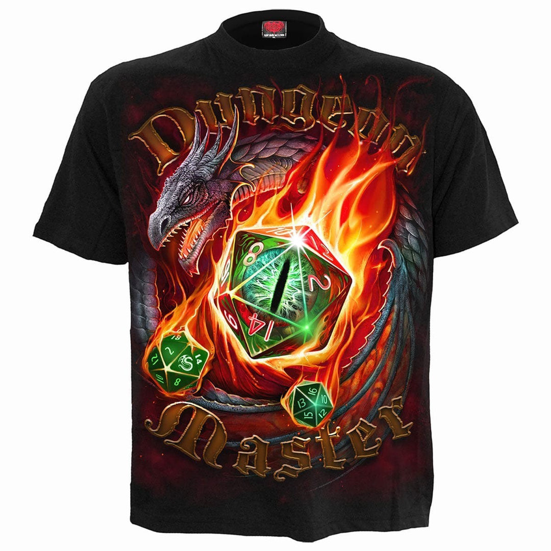 Sea Dragon Dreams black cotton t-shirt featuring a fiery dragon and green d20 dice graphic for Dungeon Masters.