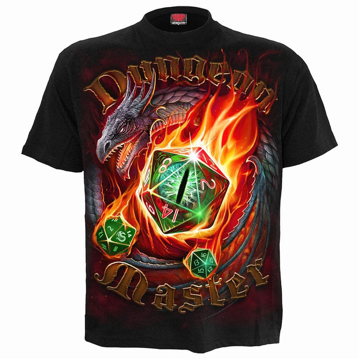 Sea Dragon Dreams black cotton t-shirt featuring a fiery dragon and green d20 dice graphic for Dungeon Masters.