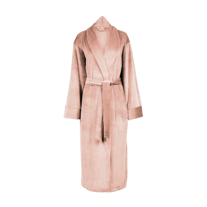 Sea Dragon Dreams plush dusty rose velour robe with a shawl collar and tie waist for comfortable lounging.
