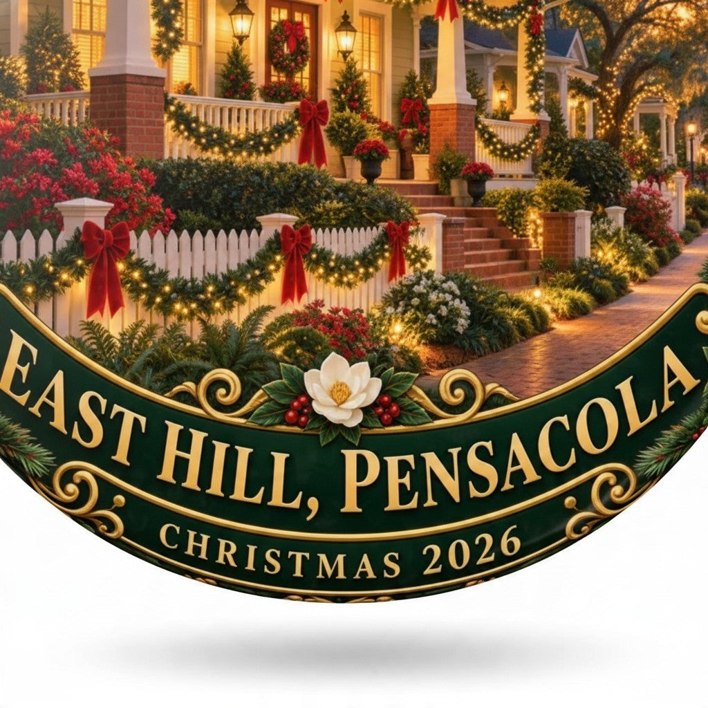 Sea Dragon Dreams East Hill Pensacola 2026 ceramic Christmas ornament featuring festive neighborhood home artwork.