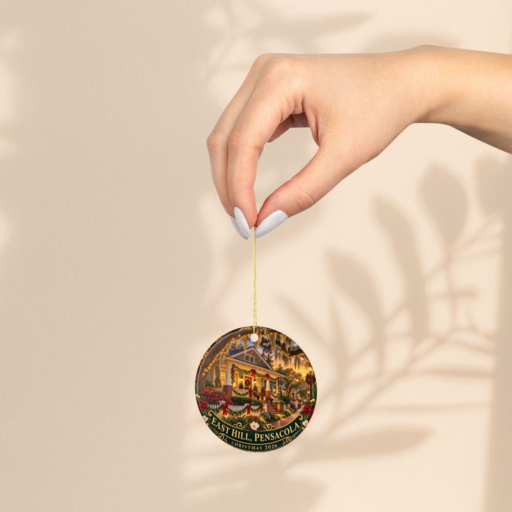 Sea Dragon Dreams double-sided ceramic Christmas ornament featuring East Hill Pensacola 2026 holiday house artwork.