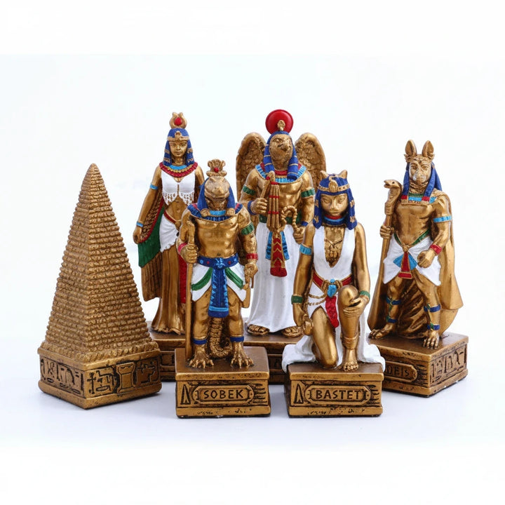 Sea Dragon Dreams Egyptian gods chess pieces including Ra, Isis, Anubis, Sobek, Bastet, and a pyramid in polystone.