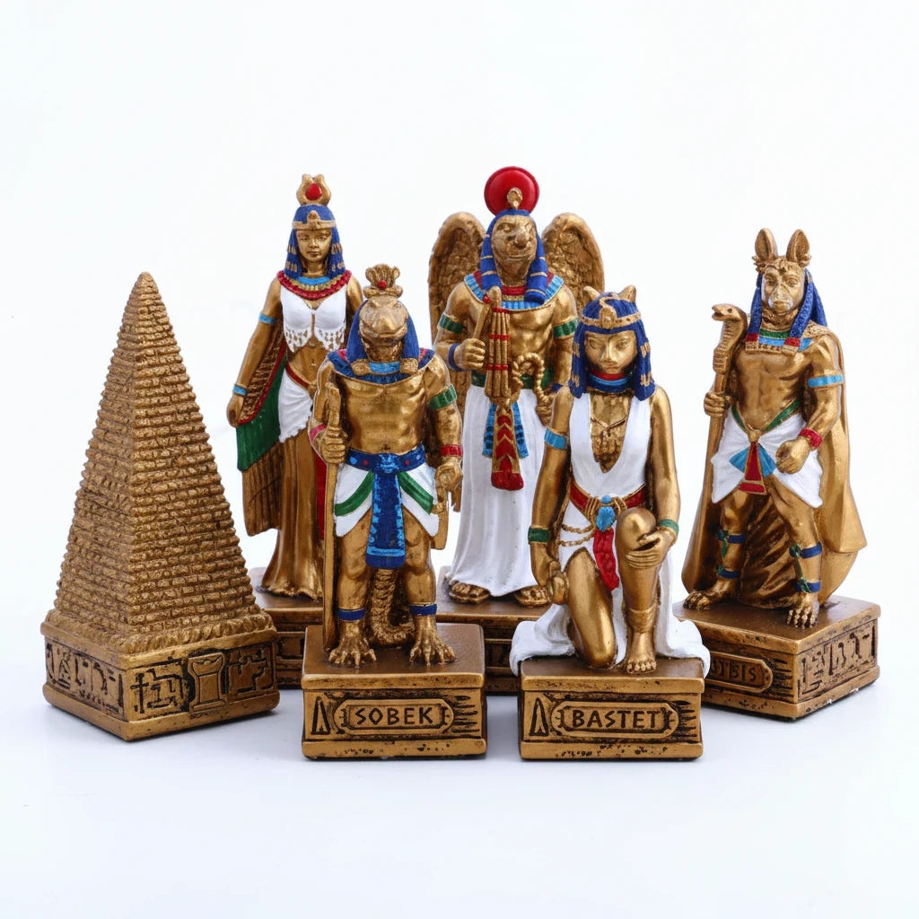 Sea Dragon Dreams Egyptian gods polystone chess pieces in gold finish including Ra, Sobek, Bastet, and a pyramid