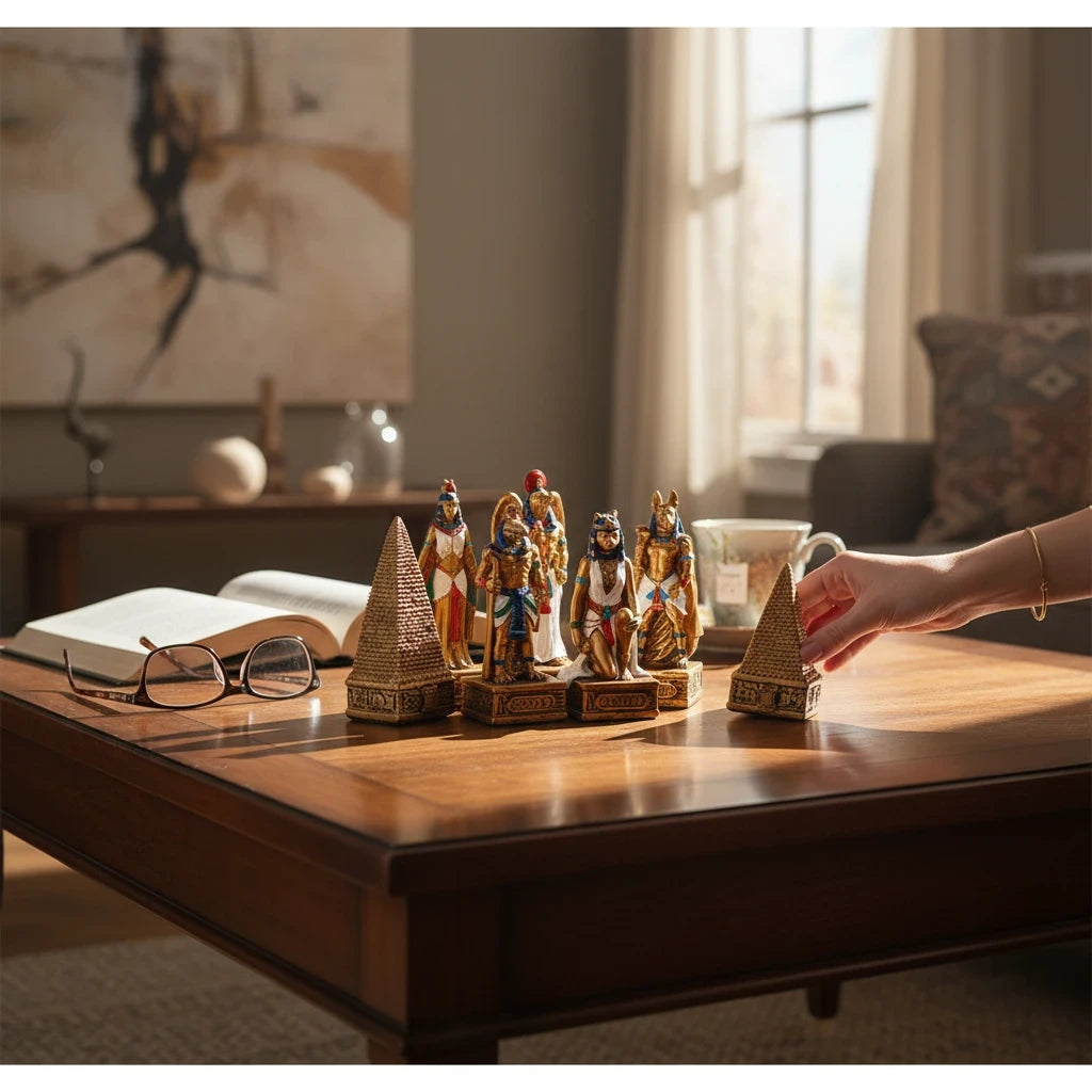 Sea Dragon Dreams Egyptian gods chess set with detailed polystone figures of Ra and Anubis on a wooden table