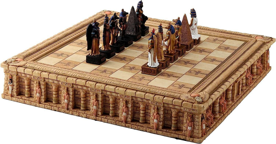 Sea Dragon Dreams Egyptian gods polystone chess set with gold and black pieces on an ornate ankh storage board