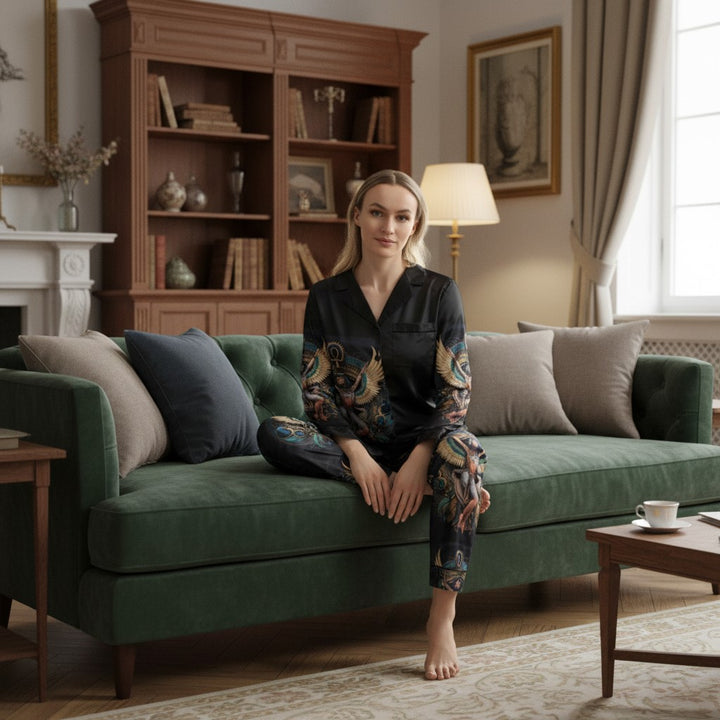 Sea Dragon Dreams black satin pajamas with Egyptian-inspired print, featuring a winged goddess and ankh symbol. Notch lapel collar and relaxed fit.