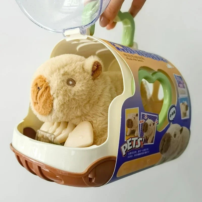 Sea Dragon Dreams electric plush capybara toy inside a portable plastic pet carrier case for kids