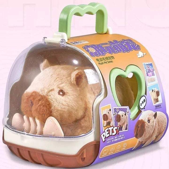 Sea Dragon Dreams electric walking capybara plush toy inside a portable plastic carrier case with a green handle.