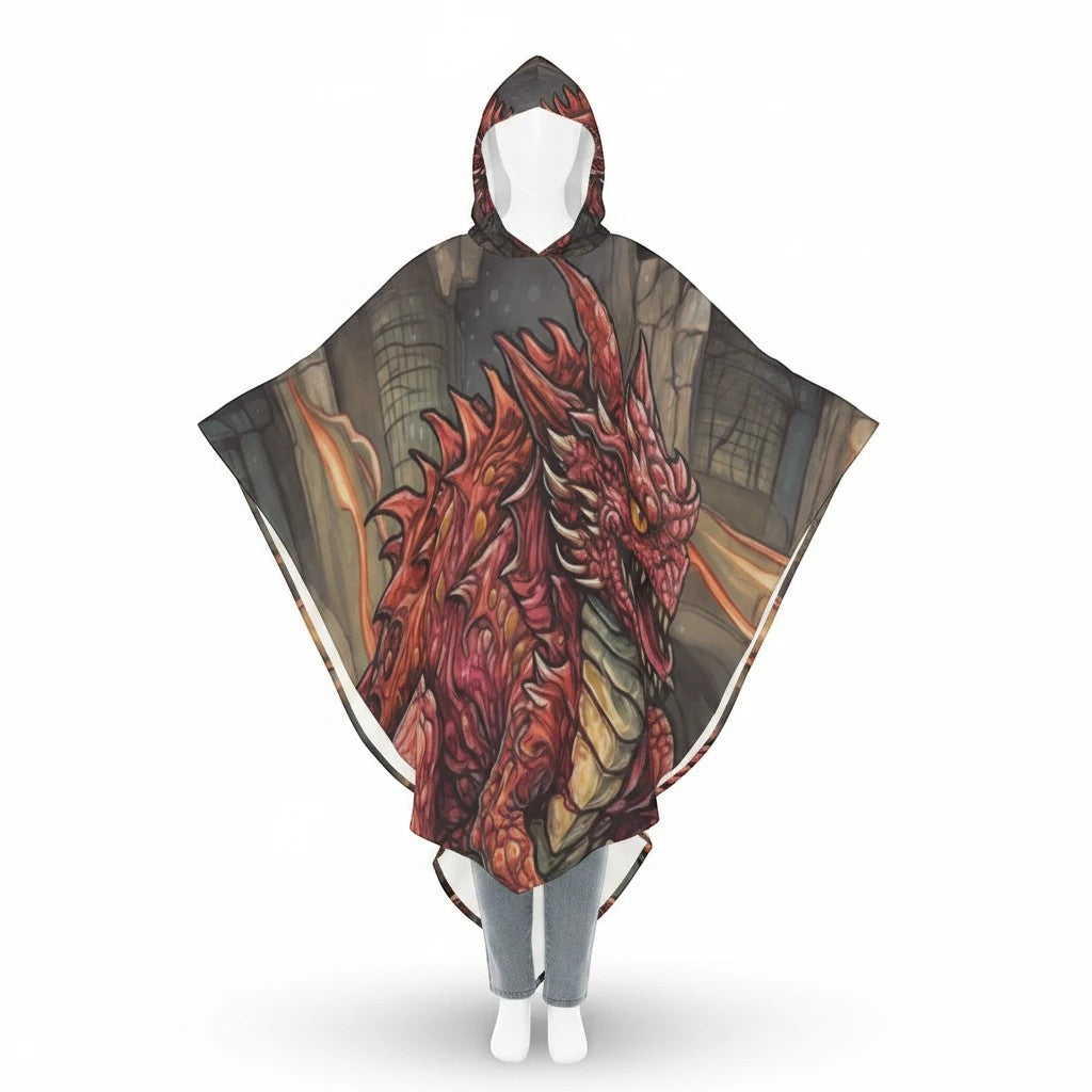 Sea Dragon Dreams Emberwing orange dragon hooded cloak with pointed hood and mythical fire design for cosplay and festivals