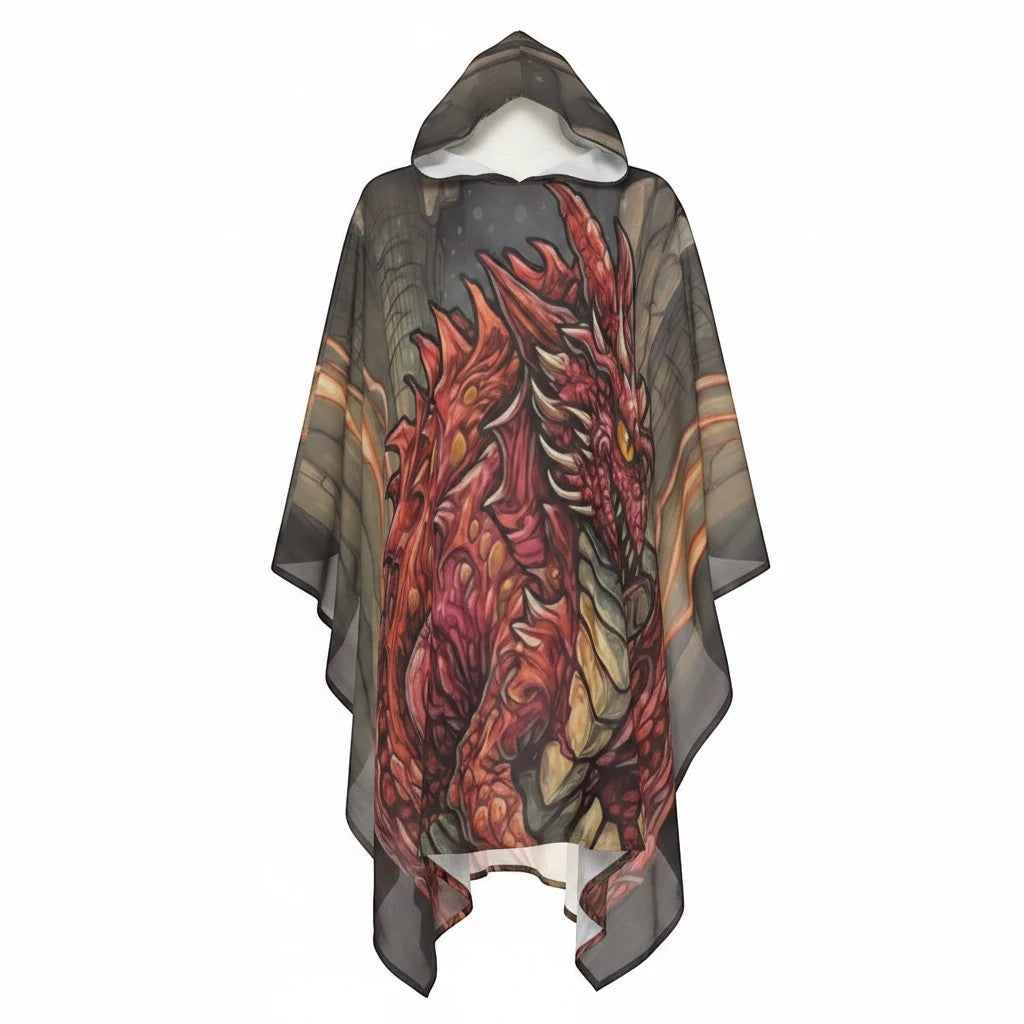 Sea Dragon Dreams Emberwing unisex hooded cloak featuring a vibrant orange dragon illustration on lightweight polyester