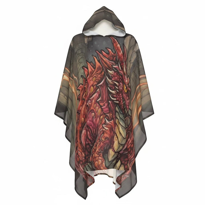 Sea Dragon Dreams Emberwing unisex hooded cloak featuring a vibrant orange dragon illustration on lightweight polyester