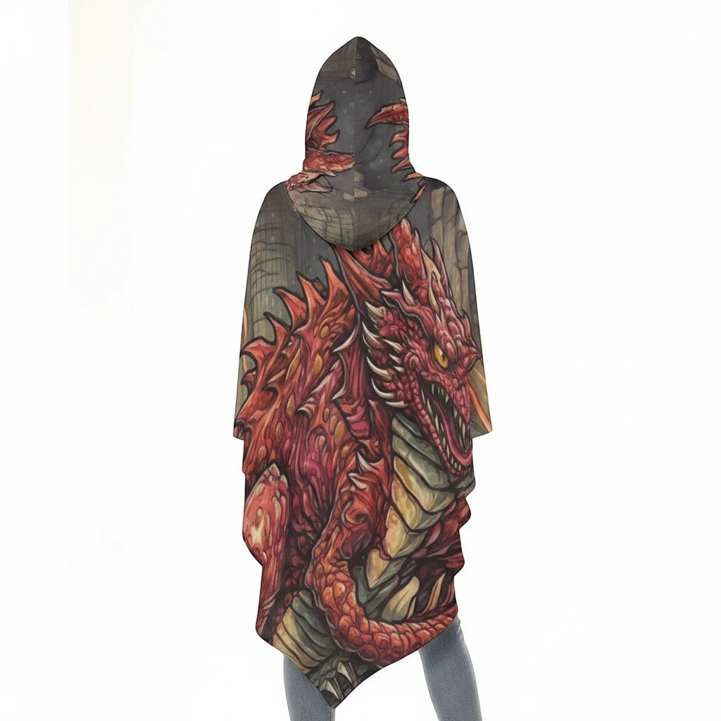 Sea Dragon Dreams Emberwing unisex hooded cloak featuring a detailed orange dragon print on lightweight polyester fabric