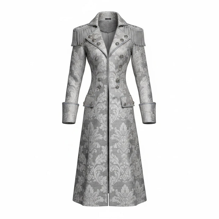 Sea Dragon Dreams deluxe pirate queen coat in grey with intricate embossed patterns, shoulder fringe, and buttons.