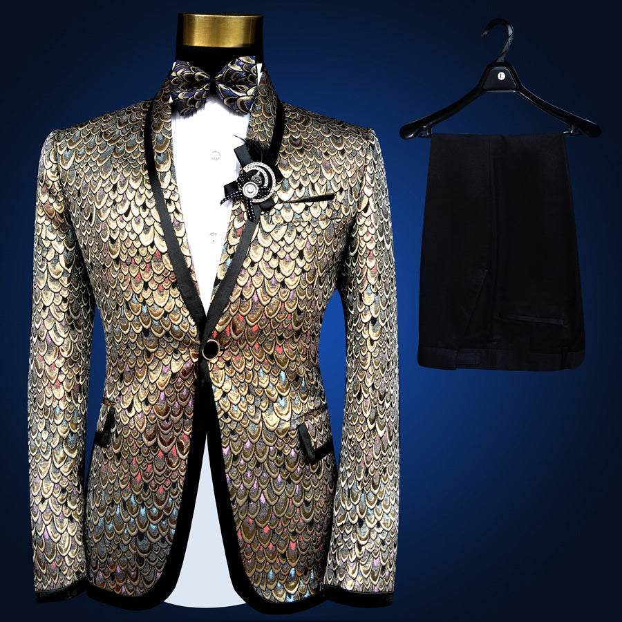 Sea Dragon Dreams four-piece tuxedo set featuring a black blazer with iridescent blue and gold scale embroidery.