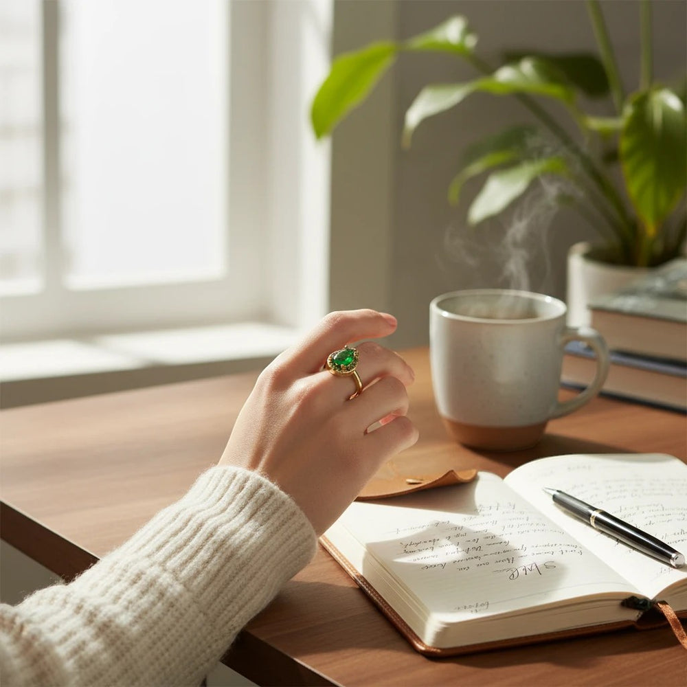 Sea Dragon Dreams adjustable gold ring with an emerald green teardrop crystal worn on a hand at a desk with coffee.