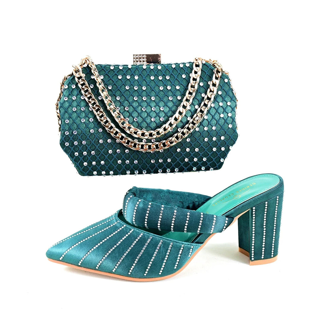 Sea Dragon Dreams emerald green satin high-heel mules and matching rhinestone-embellished clutch bag for formal events.