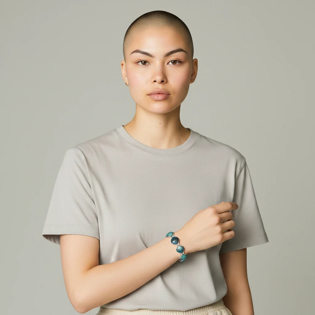 Sea Dragon Dreams enamel shell stretch bracelet worn on the wrist of a model wearing a grey t-shirt