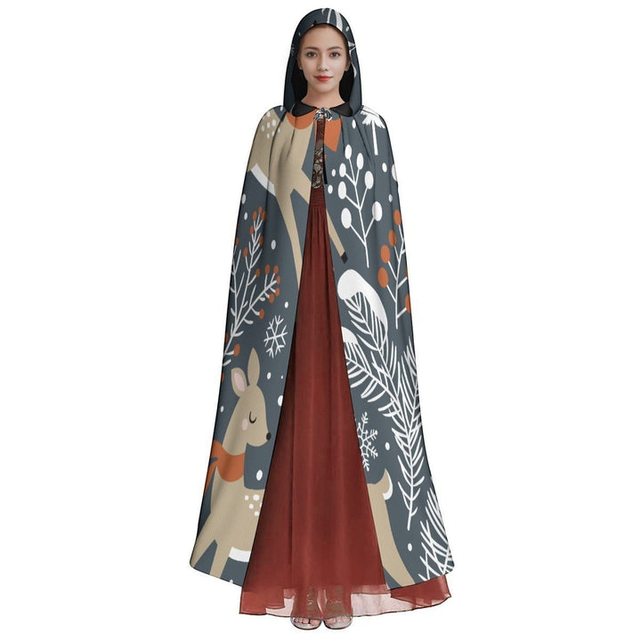 Sea Dragon Dreams hooded cloak featuring a whimsical enchanted forest print with deer and woodland motifs on microfiber.