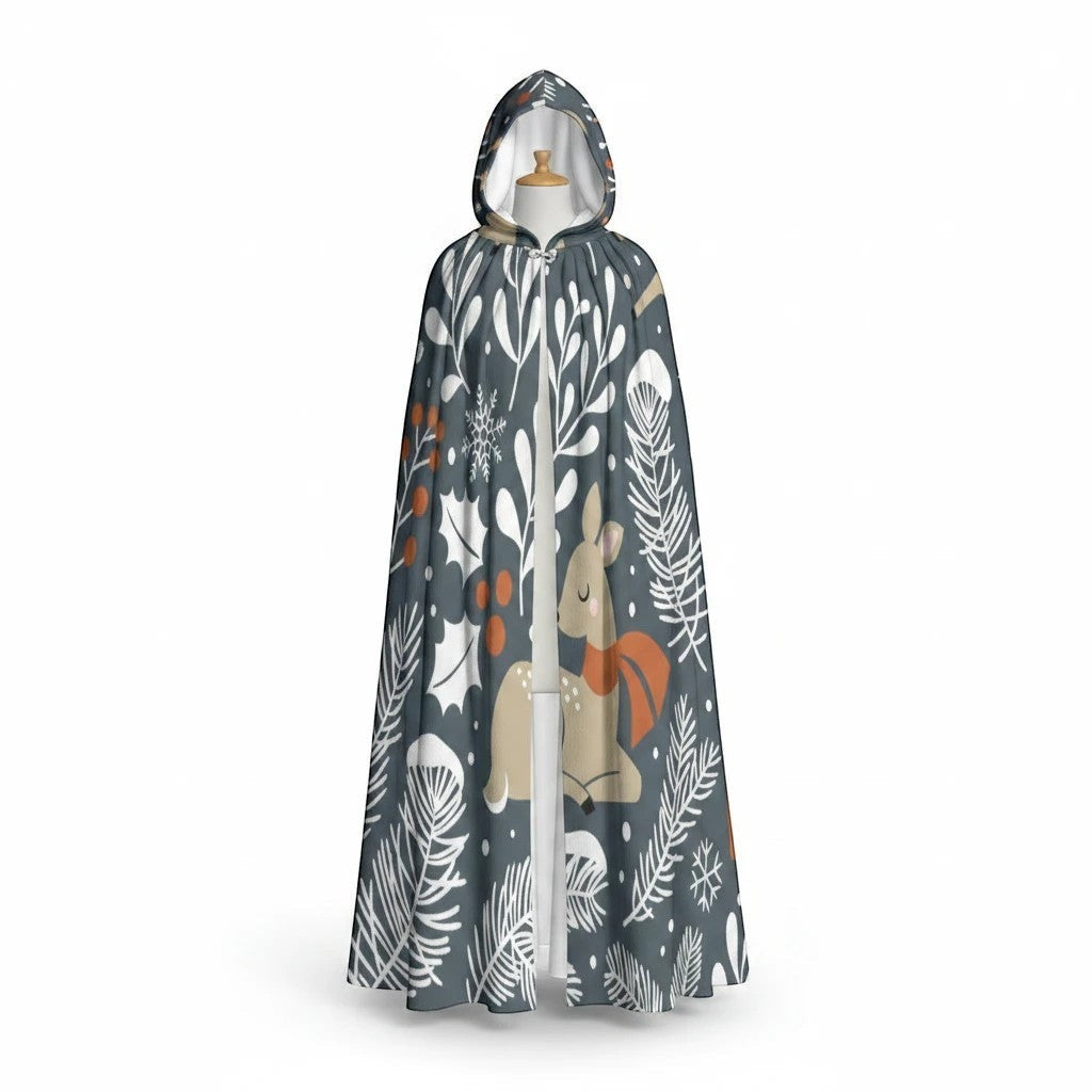 Sea Dragon Dreams hooded cloak featuring a whimsical enchanted forest print with a cute deer on a dark grey background.