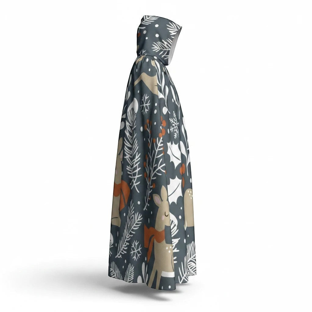 Sea Dragon Dreams hooded cloak in microfiber with a whimsical enchanted forest print featuring deer and winter foliage.
